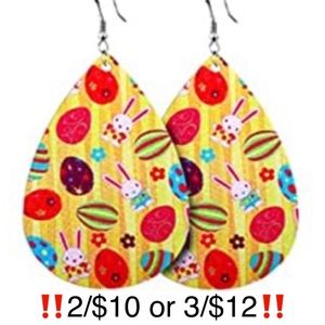 Easter Earrings Faux Leather Multicolor Dangling Easter Egg & Bunny Earrings